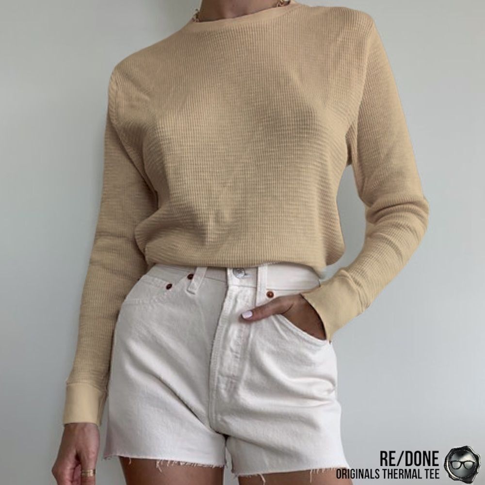 RE/DONE ORIGINALS THERMAL KNIT OVERSIZE LONG SLEEVE TEE SHIRT IN SAND SIZE SMALL